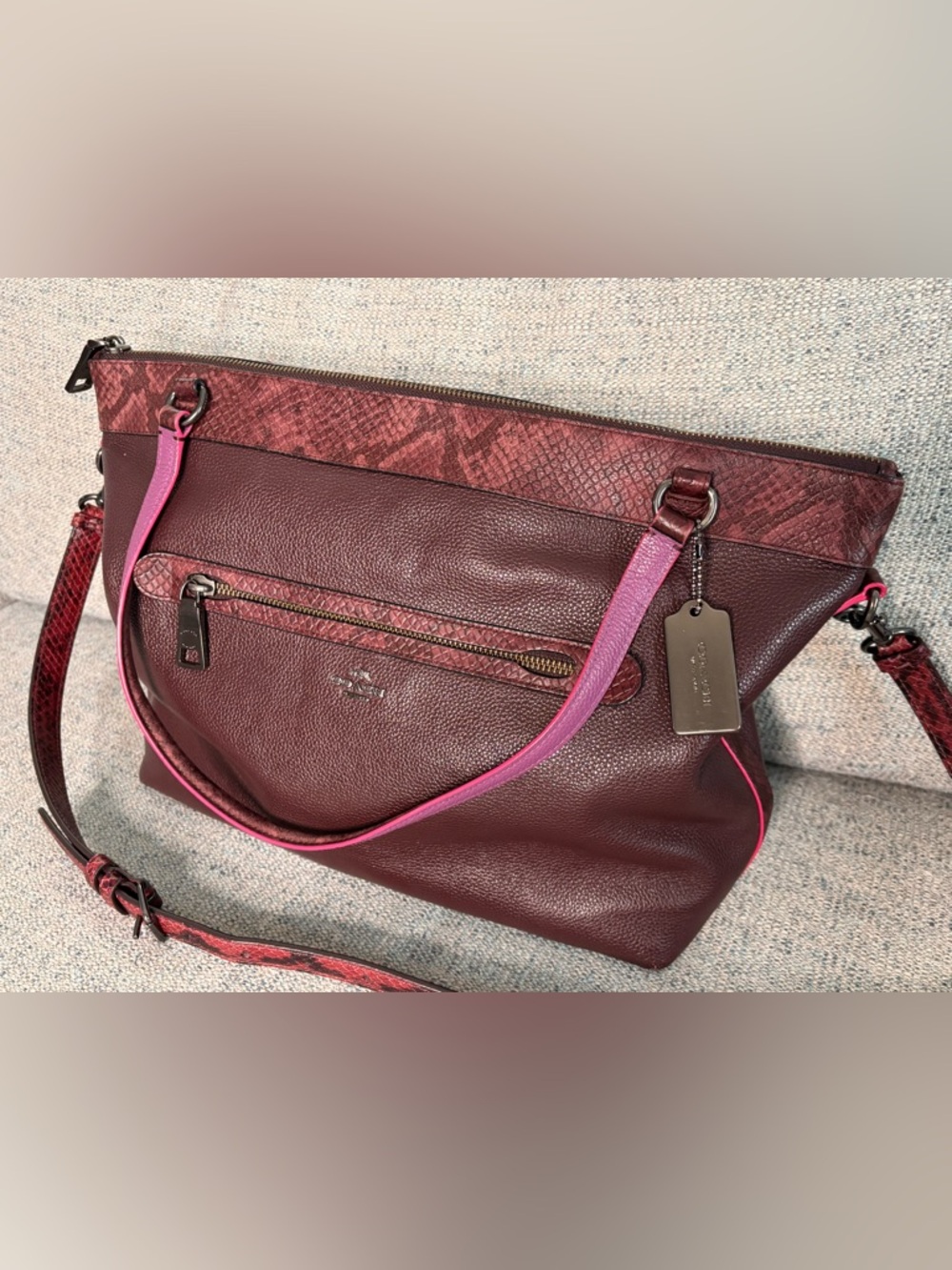 Coach Tyler Leather Tote Burgundy w/Purple/Snake Details, Crossbody Strap